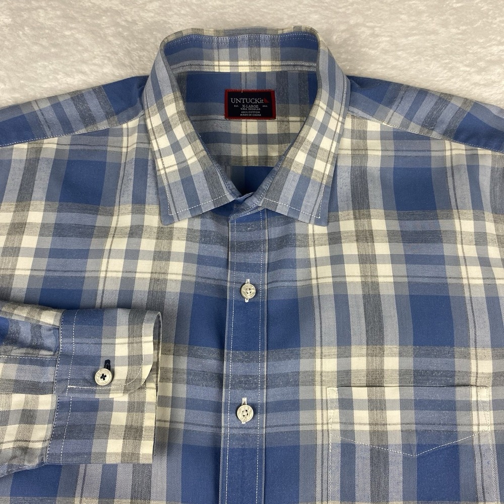 UNTUCKit Shirt Mens XL TALL Blue/White/Gray Plaid Regular Fit 100% Cotton